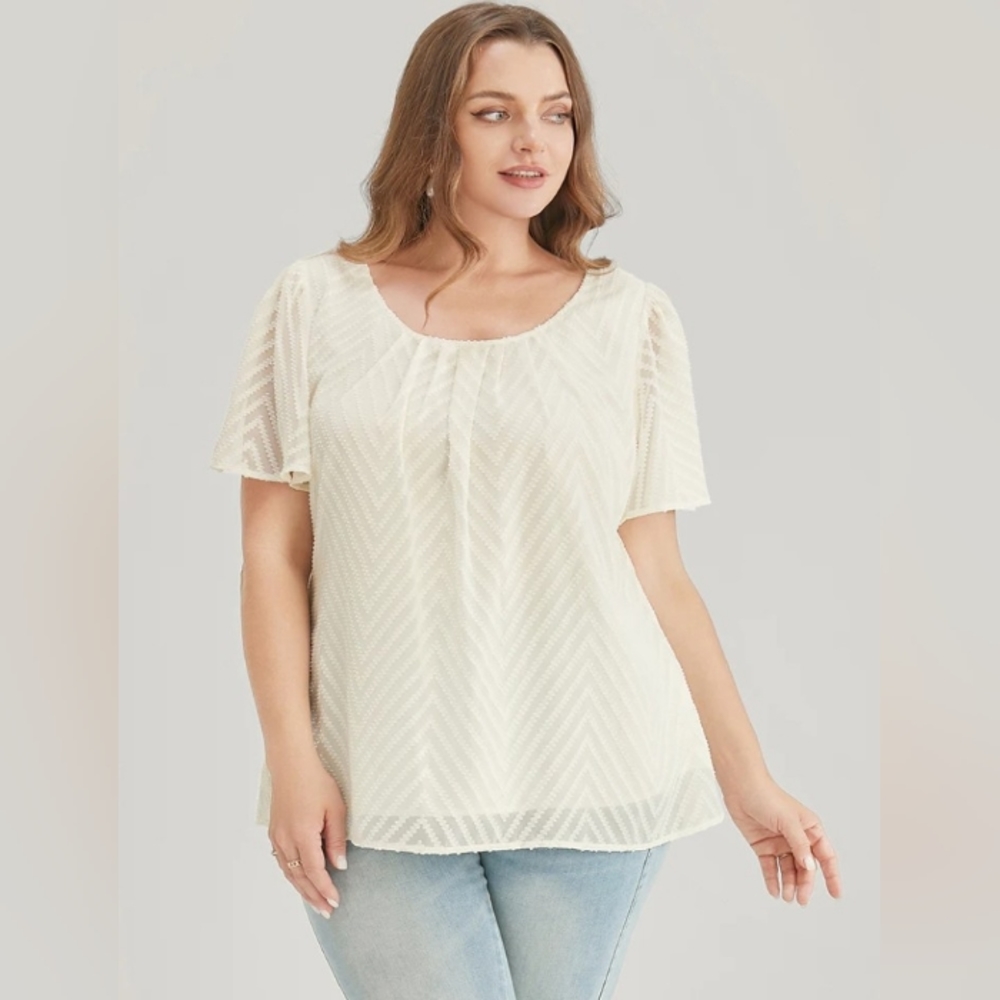 🌈 BloomChic, Geometric Ruffle Sleeve Blouse, Ivory, Size L